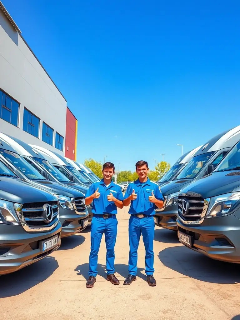 Happy employees standing next to their clean fleet vehicles, smiling and giving a thumbs-up, representing increased morale and job satisfaction.