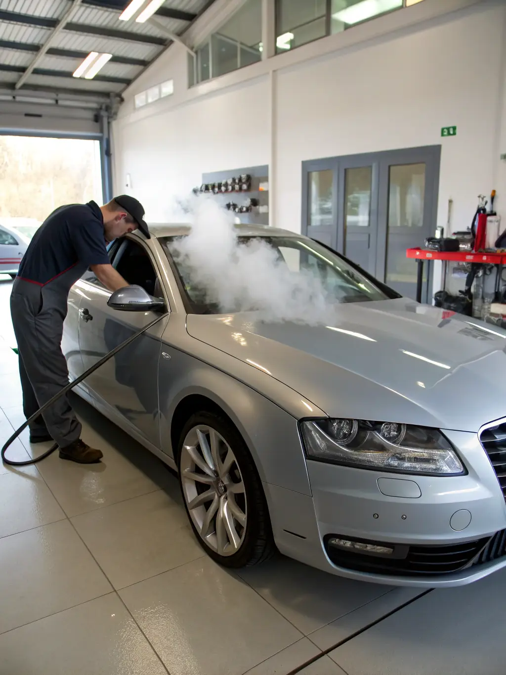 A row of fleet vehicles undergoing detailing, with technicians carefully cleaning and polishing each vehicle, showcasing the thoroughness of the service.
